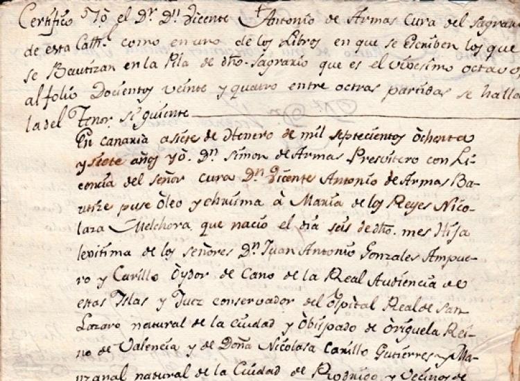 Certificado de bautismo de M.ª de los Reyes Nicolasa Melchora González Ampuero Carrillo y Carrillo Gutiérrez Manzanal, folio recto