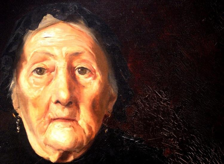 Retrato de anciana, por E. Chicharro, detalle y firma