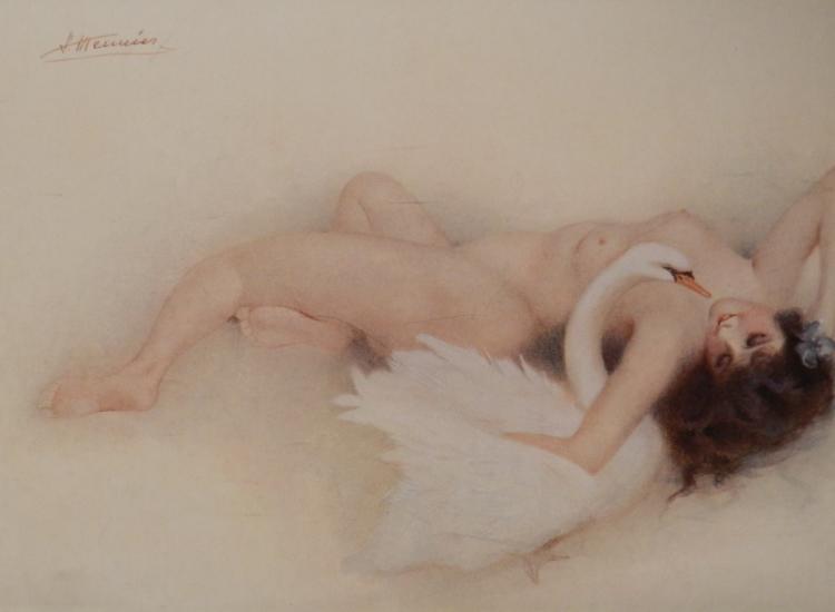 Mujer desnuda tumbada junto a un cisne