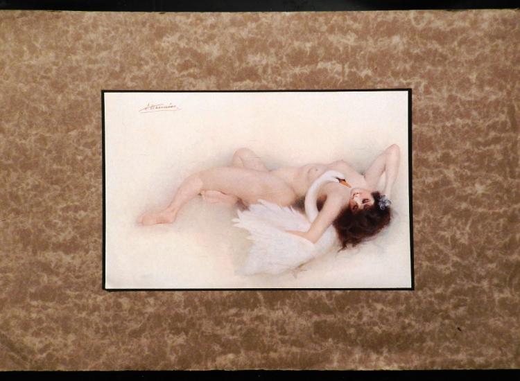 Mujer desnuda sentada junto a un cisne